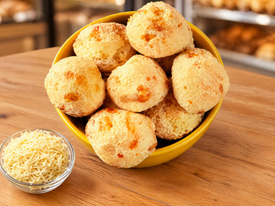 Tigela de pães de queijo dourados